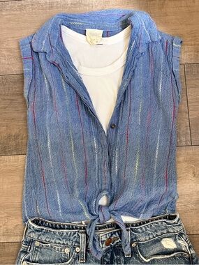 Blue Striped Sleeveless Tie Front Top 100% Cotton Boho Summer Size S